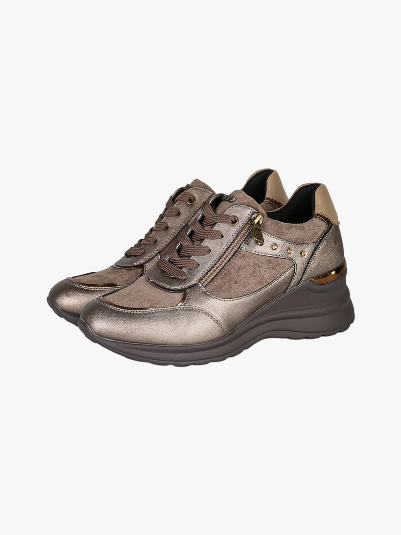 Sneakers donna con zeppa lacci e zip - bronzo