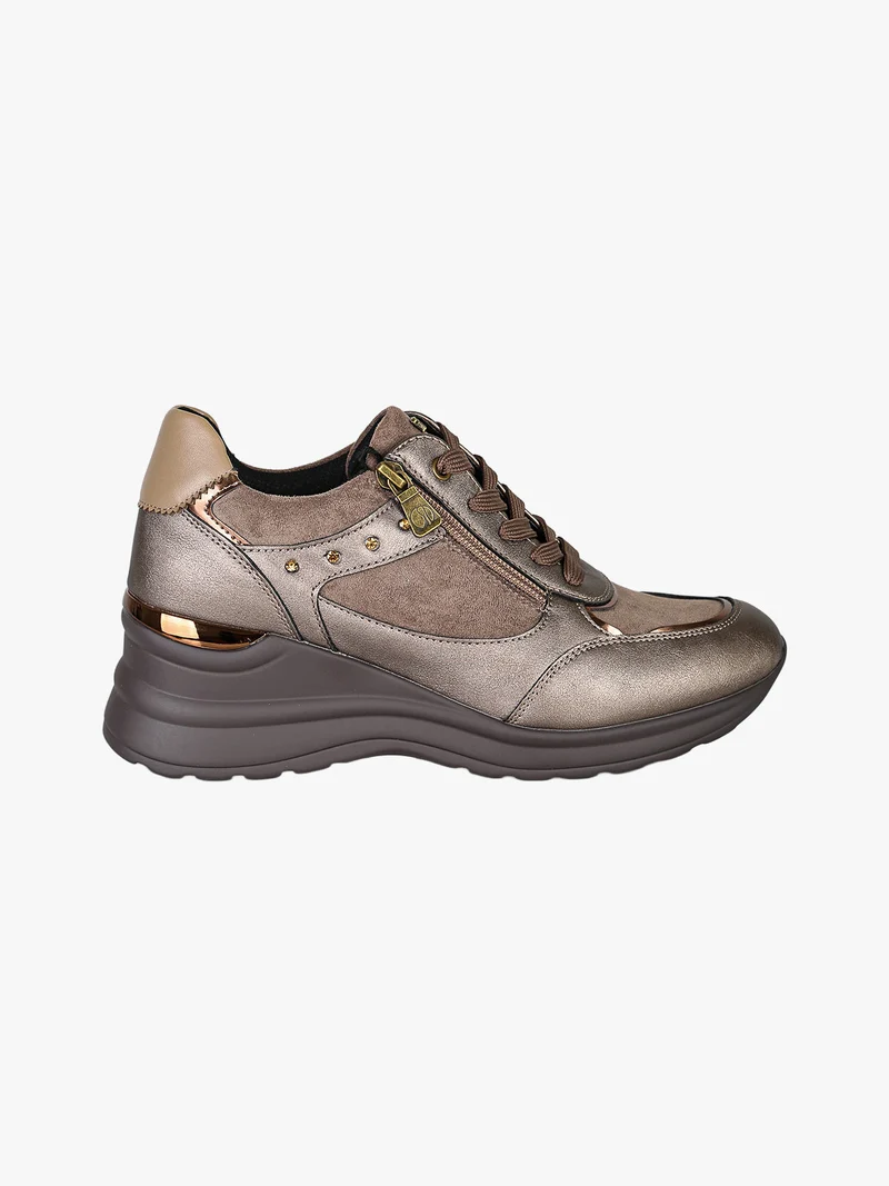Sneakers donna con zeppa lacci e zip - bronzo