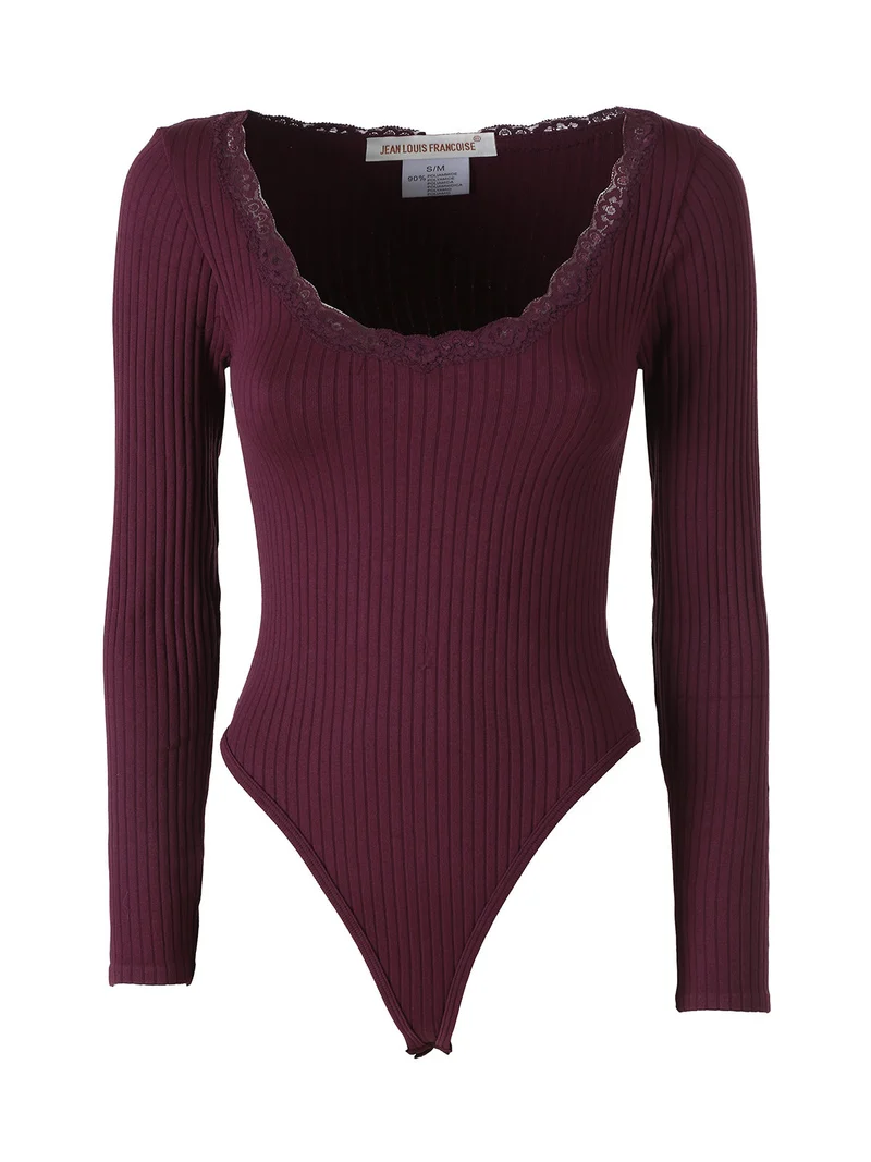 Top body da donna in maglia con maniche lunghe e scollo di pizzo - viola