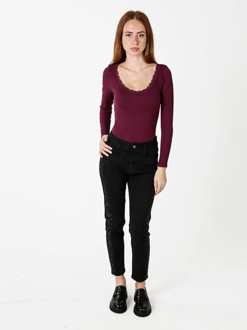 Top body da donna in maglia con maniche lunghe e scollo di pizzo - viola
