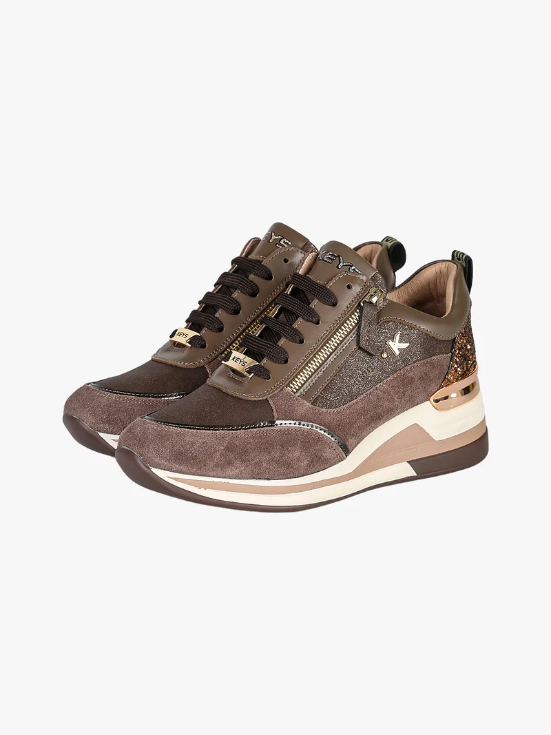 Sneakers donna in pelle con zeppa e dettaglio glitter - moro