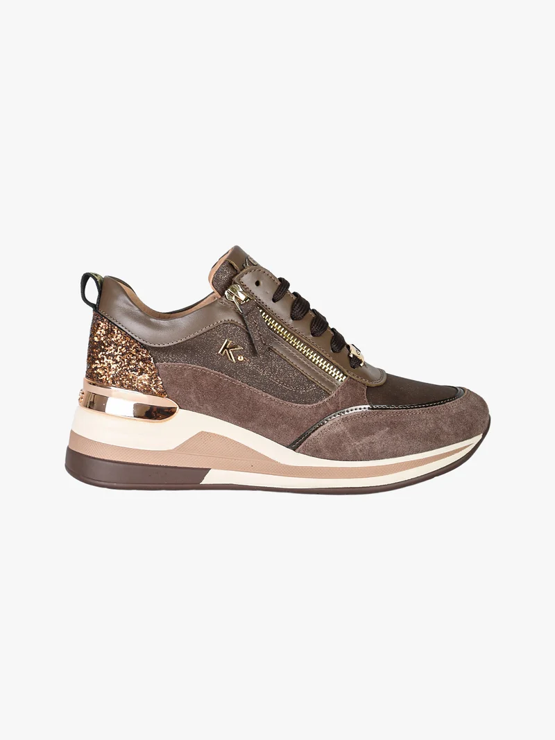 Sneakers donna in pelle con zeppa e dettaglio glitter - moro
