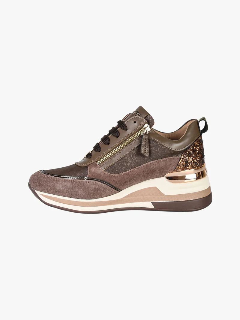 Sneakers donna in pelle con zeppa e dettaglio glitter - moro