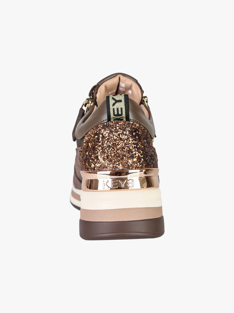 Sneakers donna in pelle con zeppa e dettaglio glitter - moro