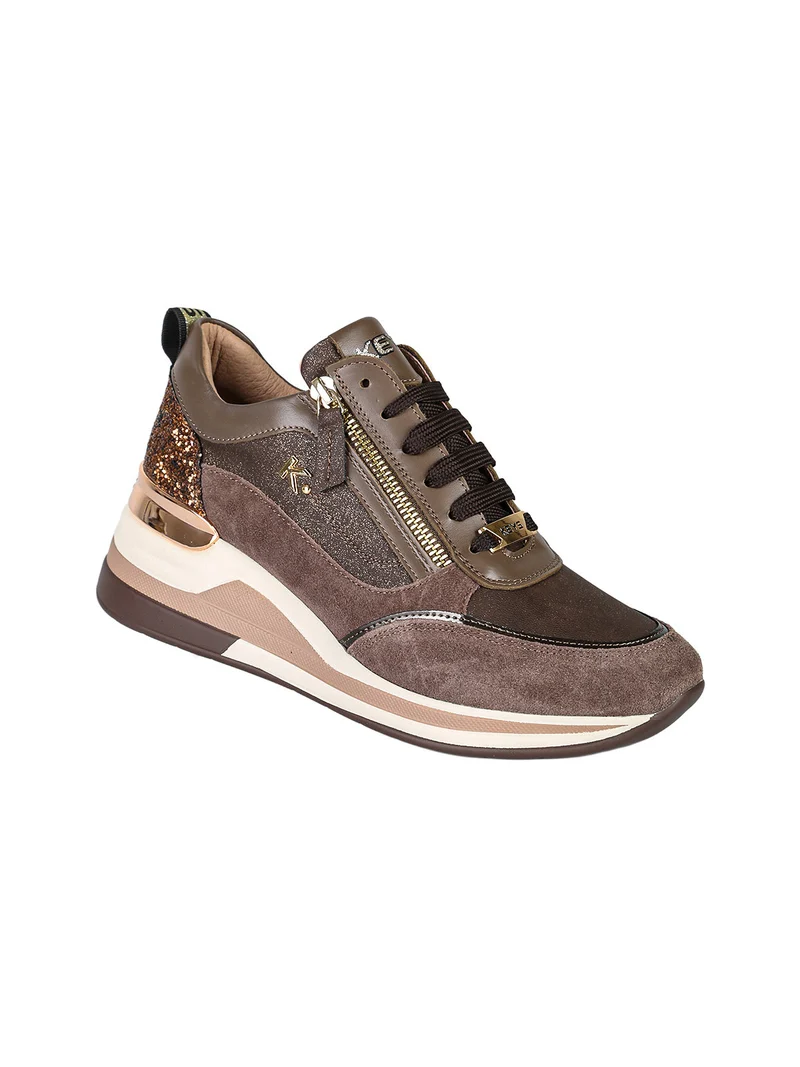 Sneakers donna in pelle con zeppa e dettaglio glitter - moro