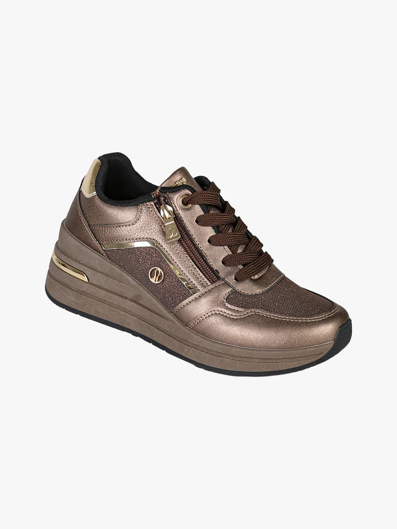 Sneakers donna in ecopelle con zeppa e dettagli brillantinati - bronzo