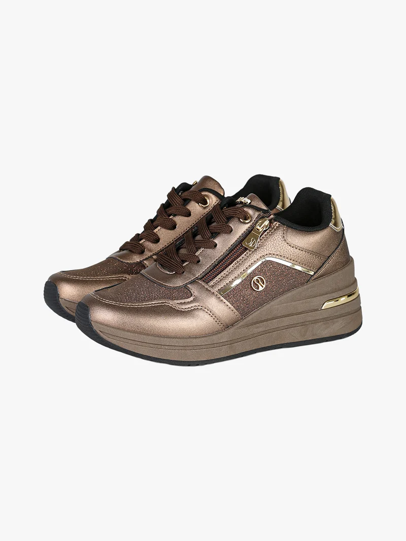 Sneakers donna in ecopelle con zeppa e dettagli brillantinati - bronzo
