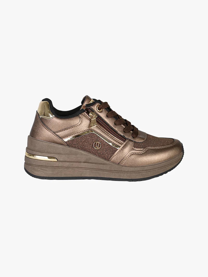 Sneakers donna in ecopelle con zeppa e dettagli brillantinati - bronzo