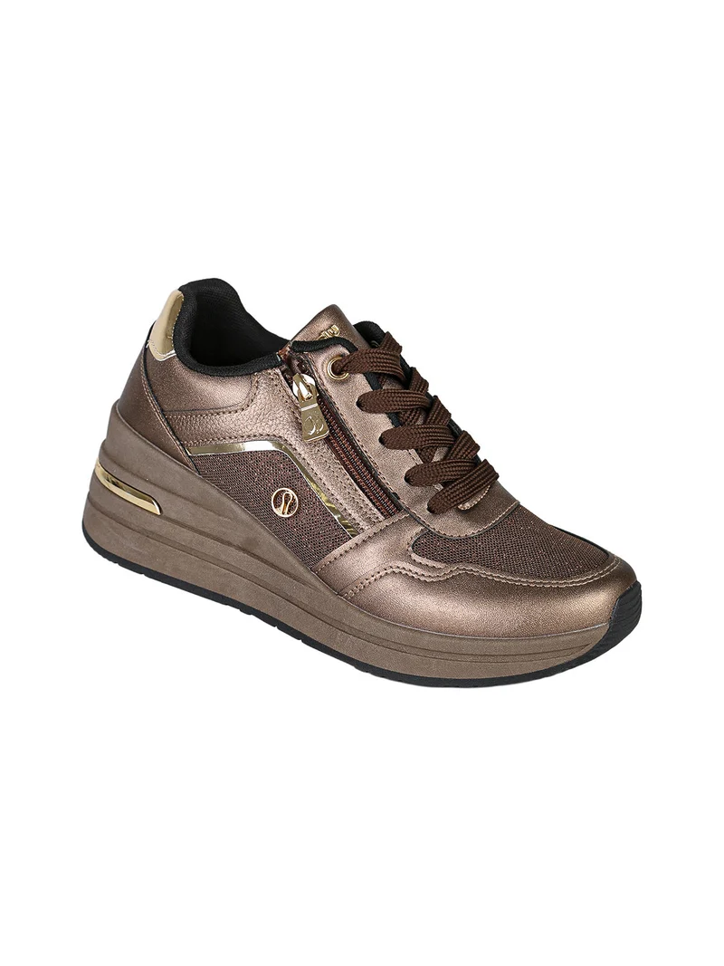 Sneakers donna in ecopelle con zeppa e dettagli brillantinati - bronzo