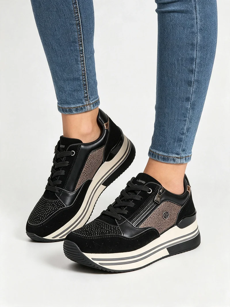Sneakers donna con platform e strass - nero