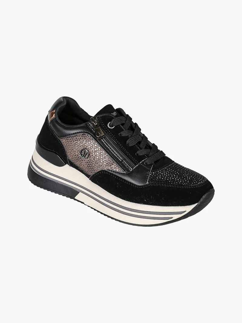 Sneakers donna con platform e strass - nero