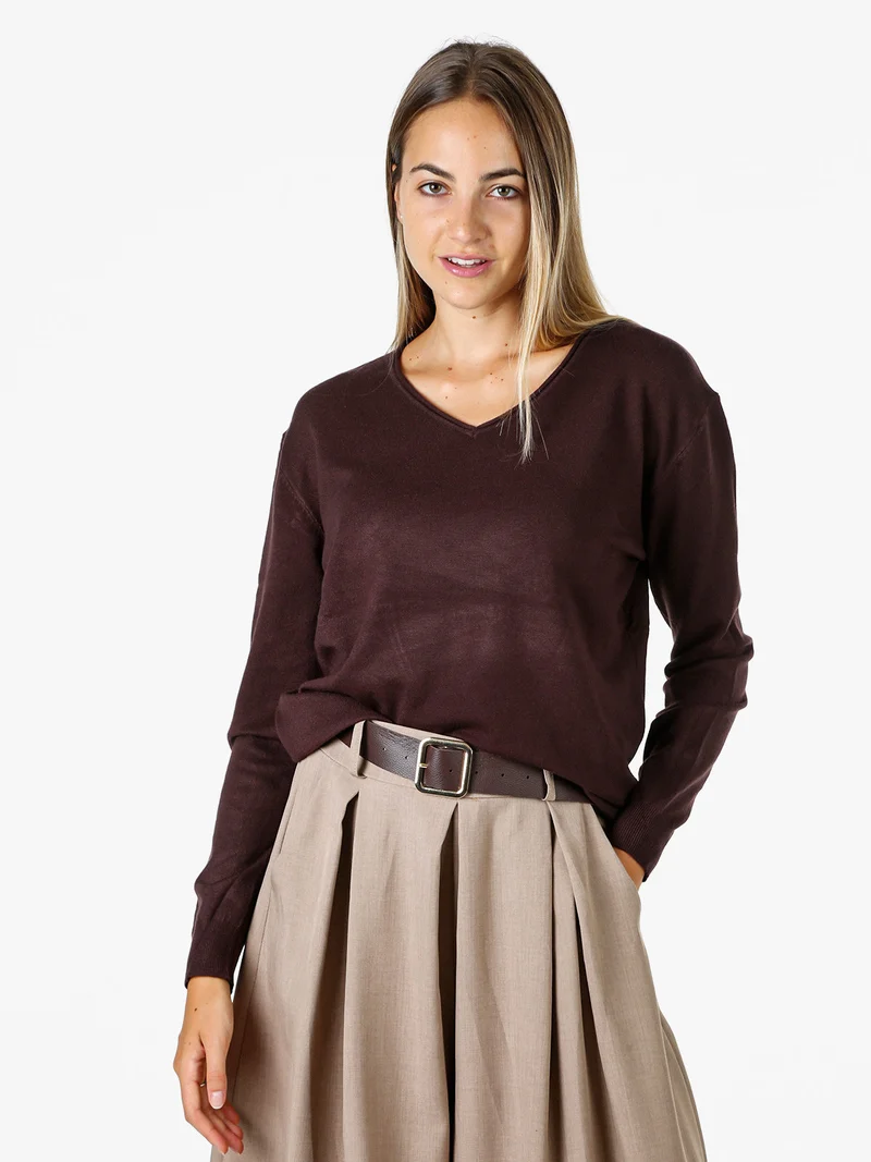 Pullover donna in maglia con scollo V - moro