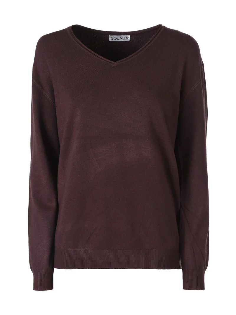 Pullover donna in maglia con scollo V - moro