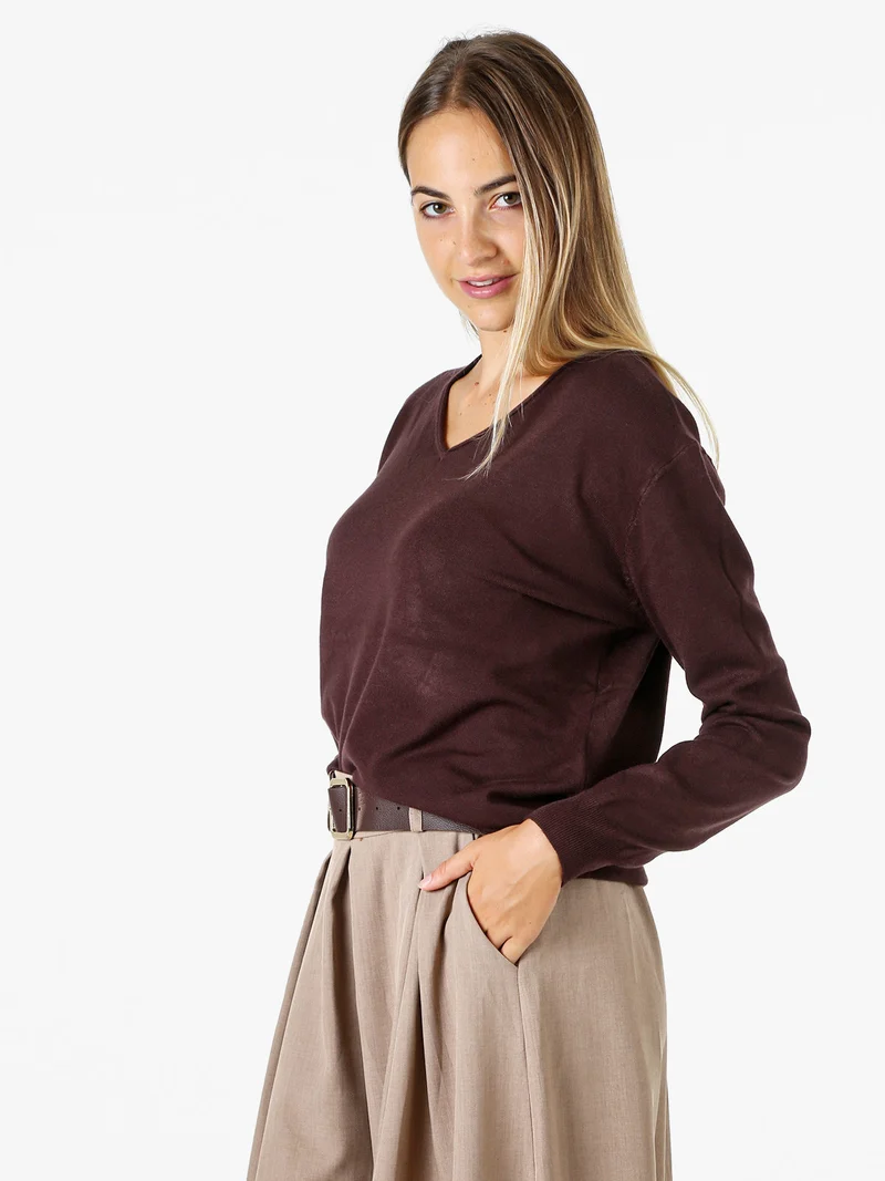 Pullover donna in maglia con scollo V - moro