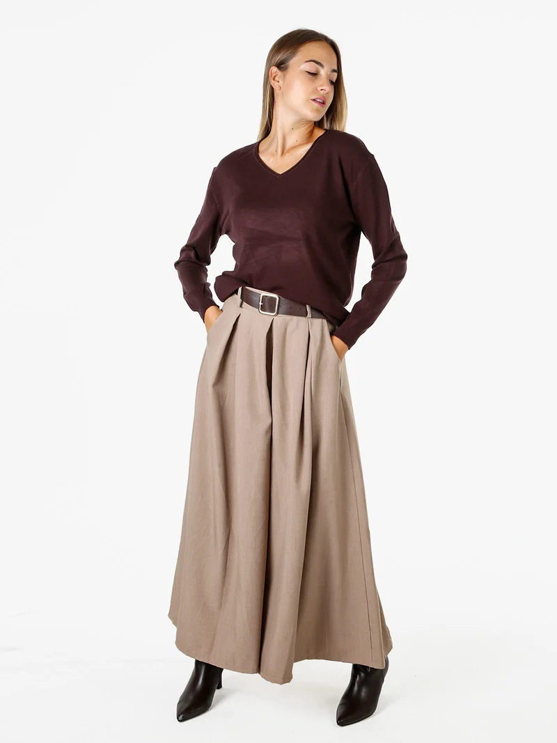 Pullover donna in maglia con scollo V - moro