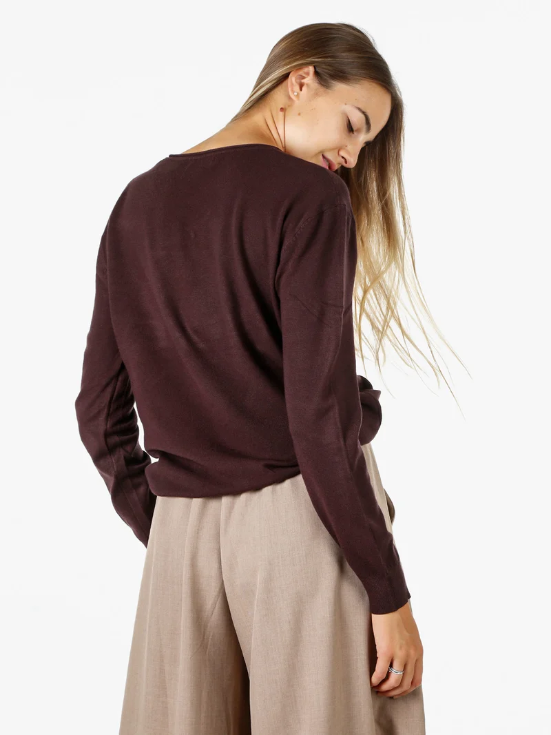 Pullover donna in maglia con scollo V - moro