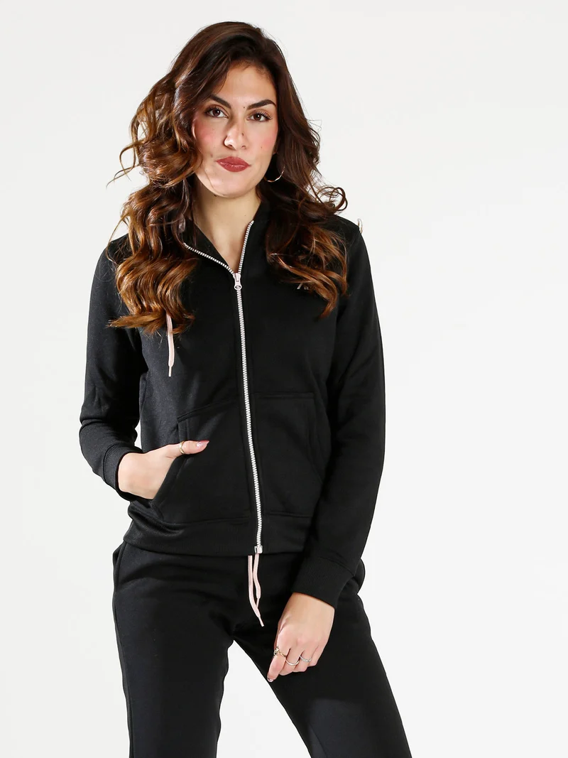 Felpa donna full zip con cappuccio e interno felpato - nero
