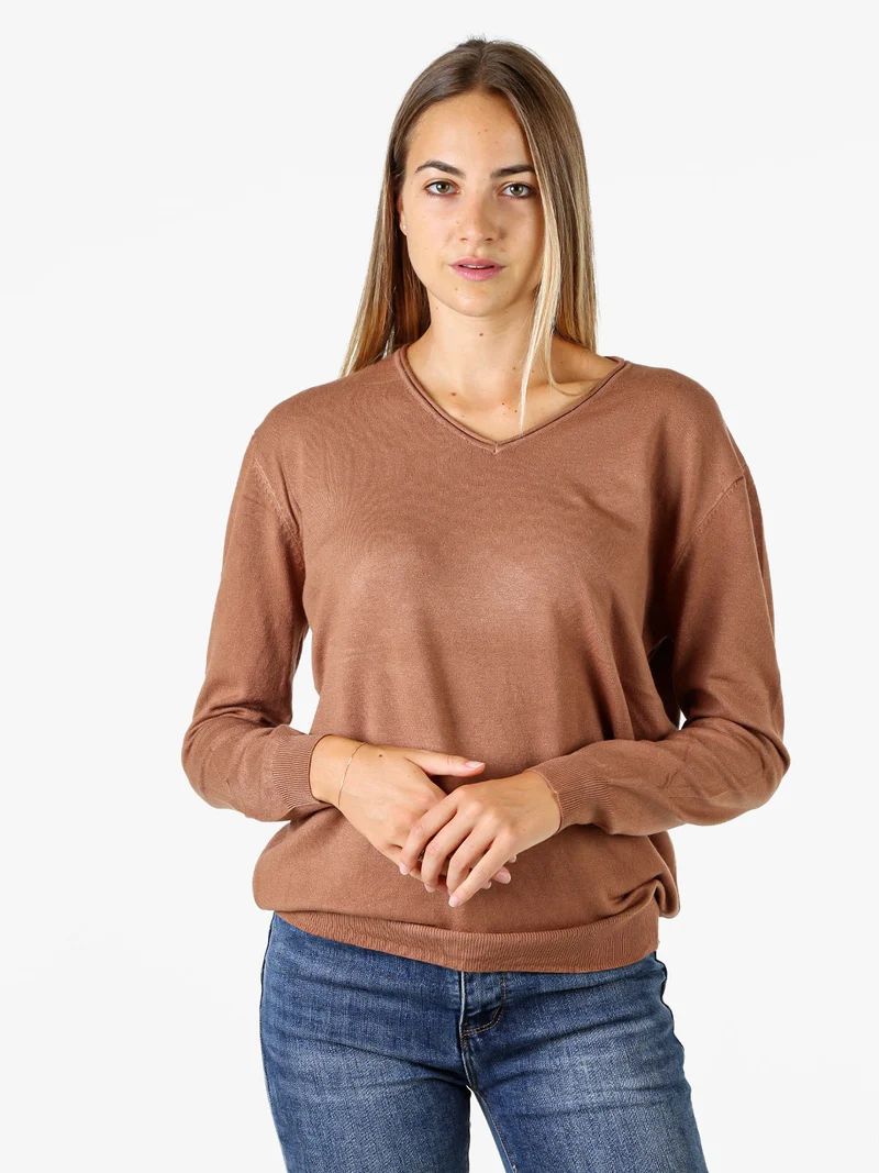 Pullover donna in maglia con scollo V - cuoio