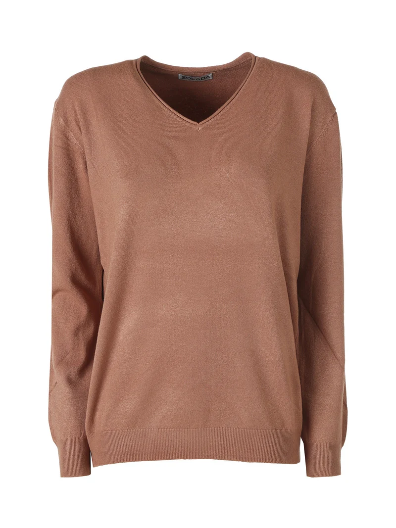 Pullover donna in maglia con scollo V - cuoio