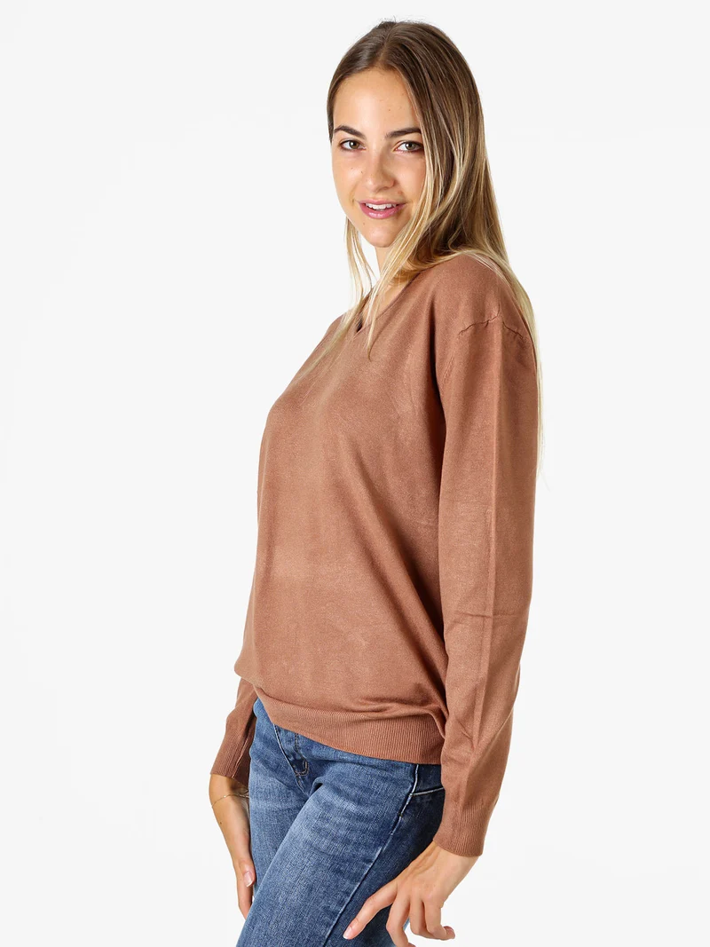 Pullover donna in maglia con scollo V - cuoio