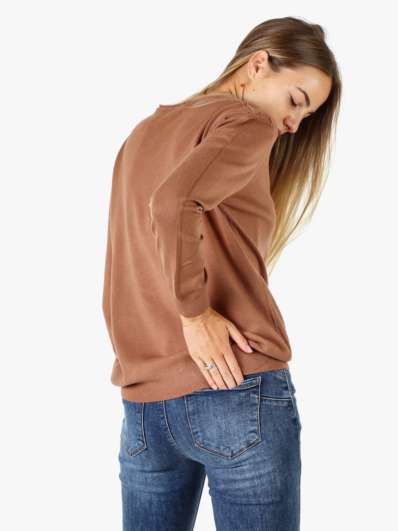 Pullover donna in maglia con scollo V - cuoio