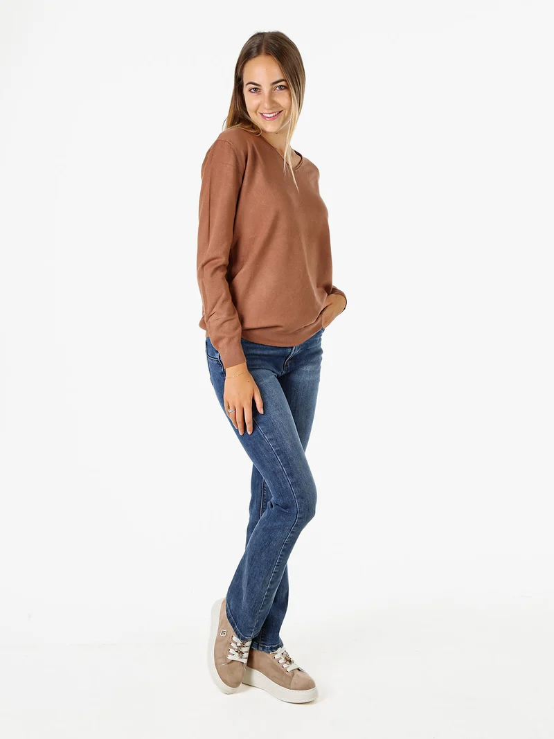 Pullover donna in maglia con scollo V - cuoio
