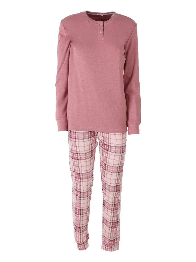 Pigiama lungo da donna a costine con pantaloni a quadri in cotone e calze incluse - rosa