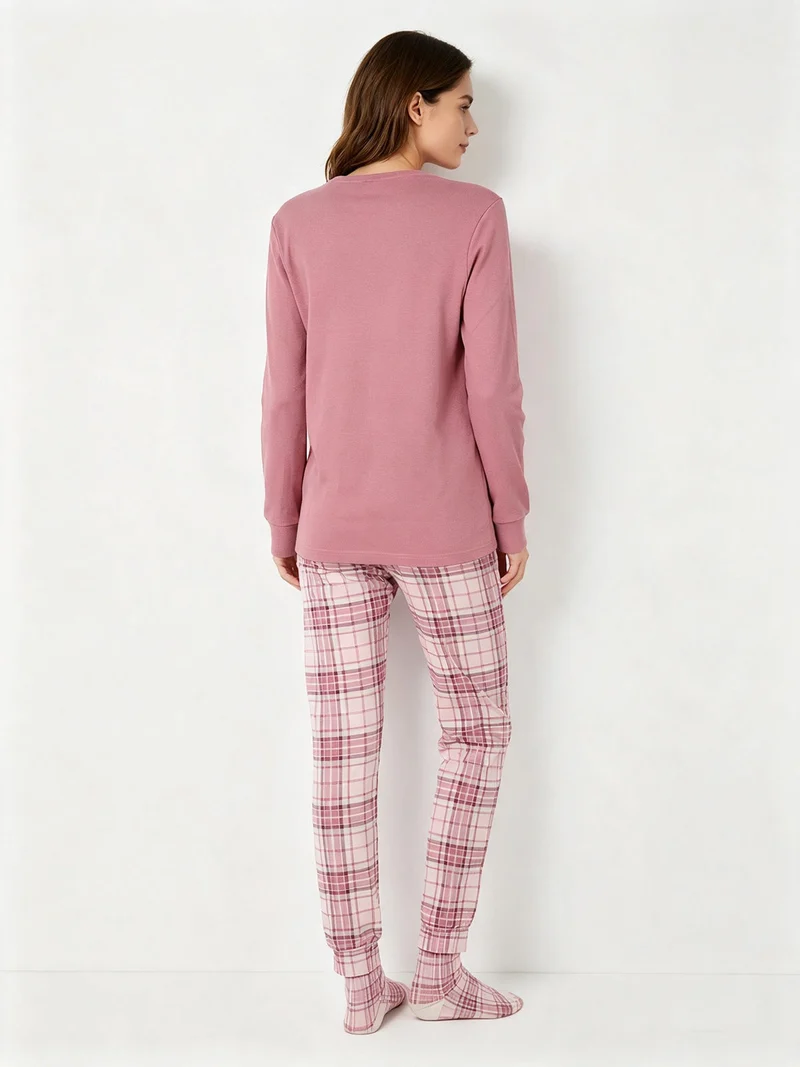 Pigiama lungo da donna a costine con pantaloni a quadri in cotone e calze incluse - rosa