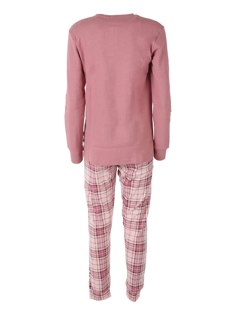 Pigiama lungo da donna a costine con pantaloni a quadri in cotone e calze incluse - rosa