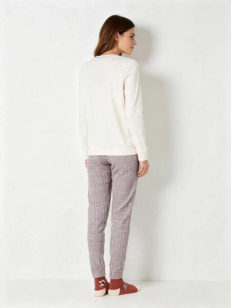 Pigiama lungo da donna in cotone con pantaloni a quadri e calze incluse - panna