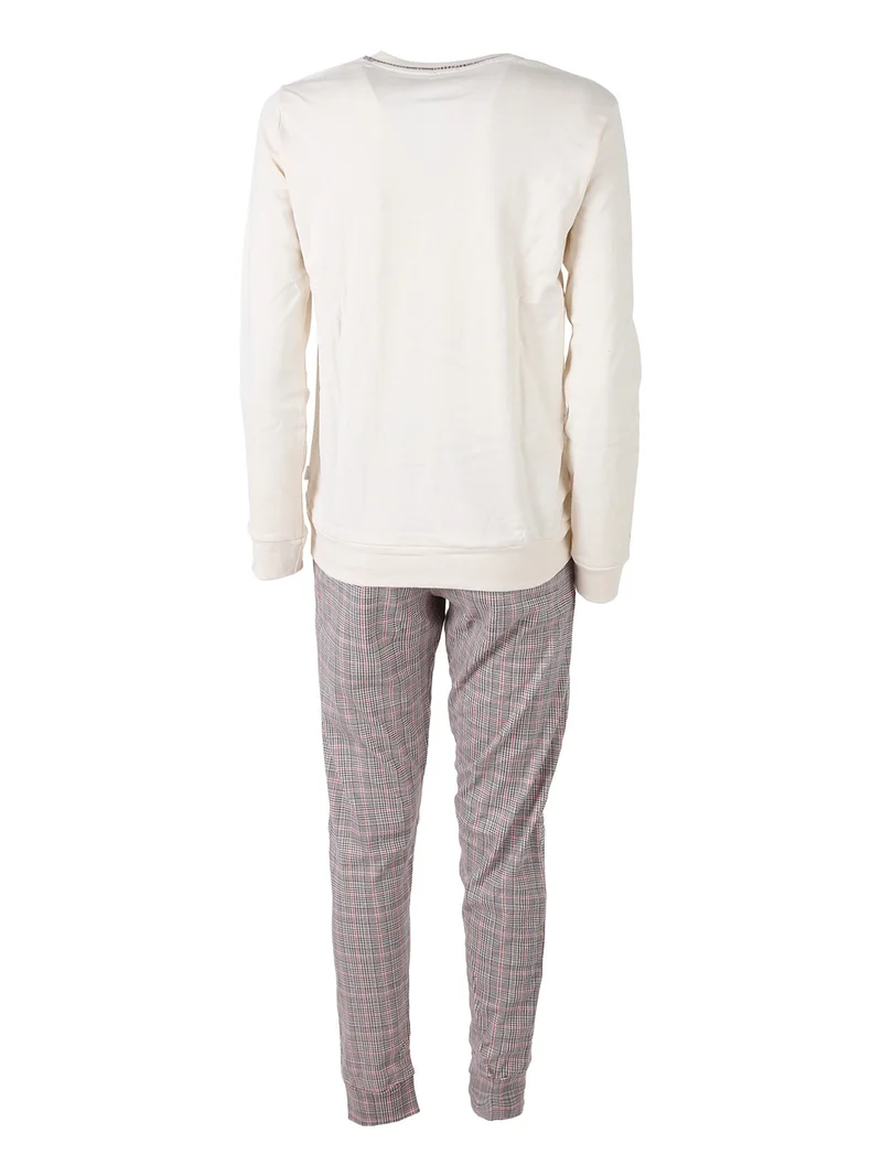 Pigiama lungo da donna in cotone con pantaloni a quadri e calze incluse - panna