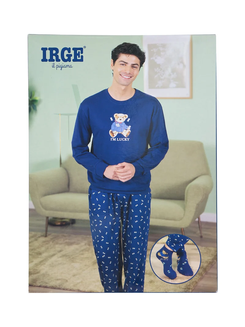 Pigiama lungo da uomo in cotone con stampa disegni e calze incluse - blu scuro