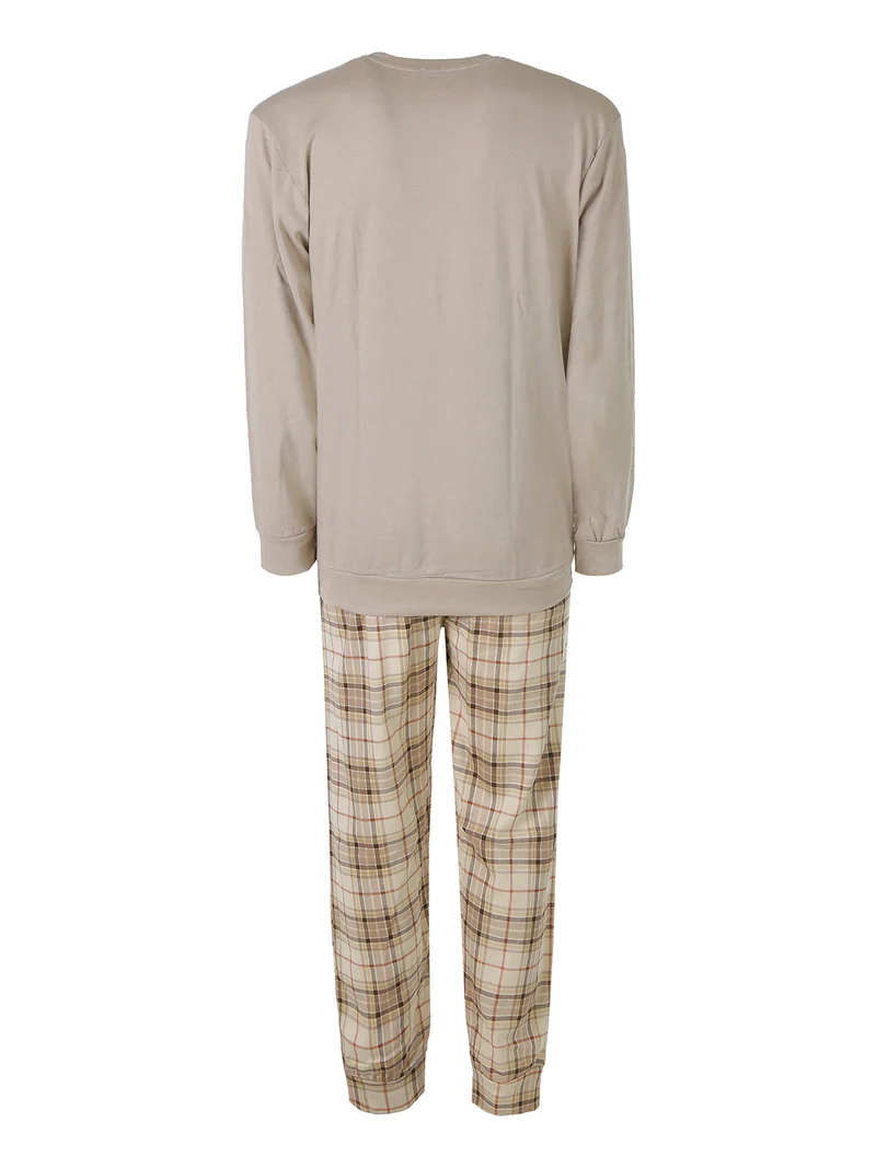 Pigiama lungo da uomo in cotone con pantaloni a quadri e calze incluse - sabbia