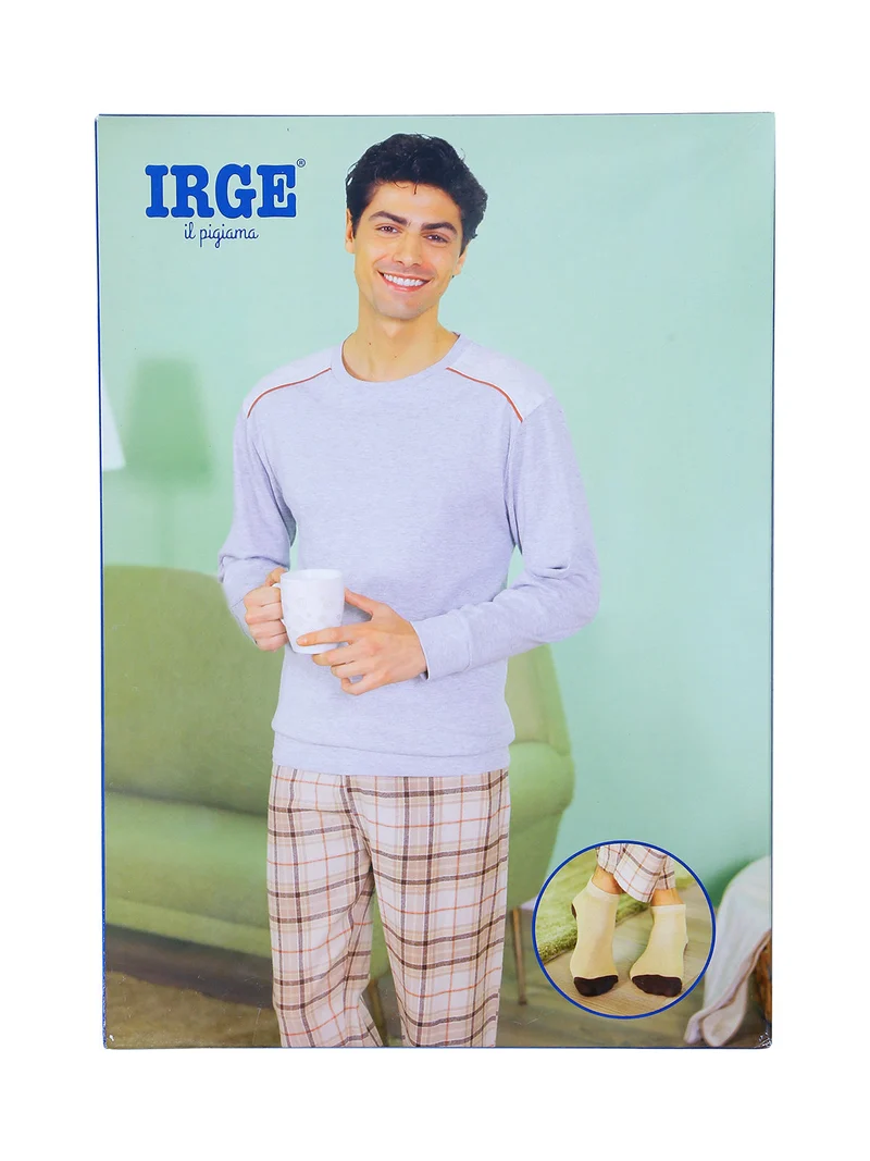 Pigiama lungo da uomo in cotone con pantaloni a quadri e calze incluse - sabbia