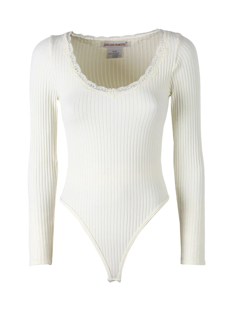 Top body da donna in maglia con maniche lunghe e scollo di pizzo - panna