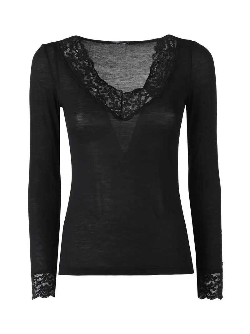 T-shirt donna a maniche lunghe con scollo a V e dettagli in pizzo - nero