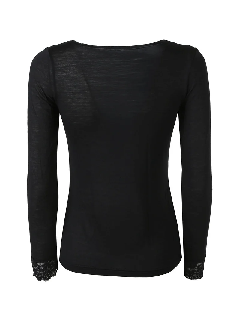 T-shirt donna a maniche lunghe con scollo a V e dettagli in pizzo - nero