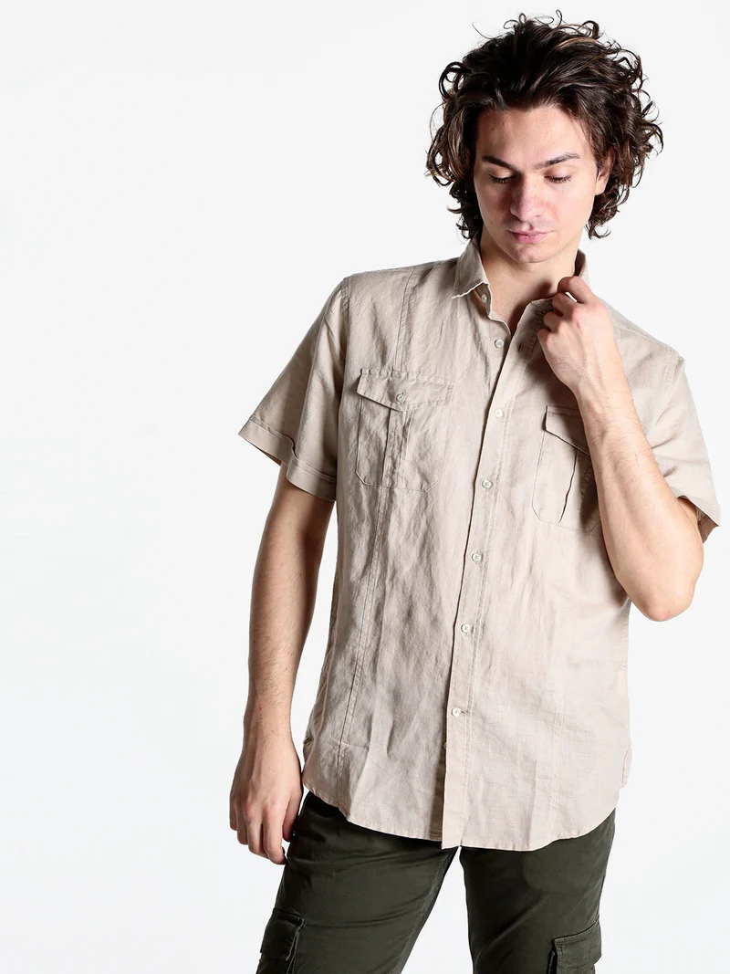 Camicia da uomo misto lino a maniche corte - taupe