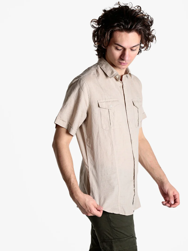 Camicia da uomo misto lino a maniche corte - taupe