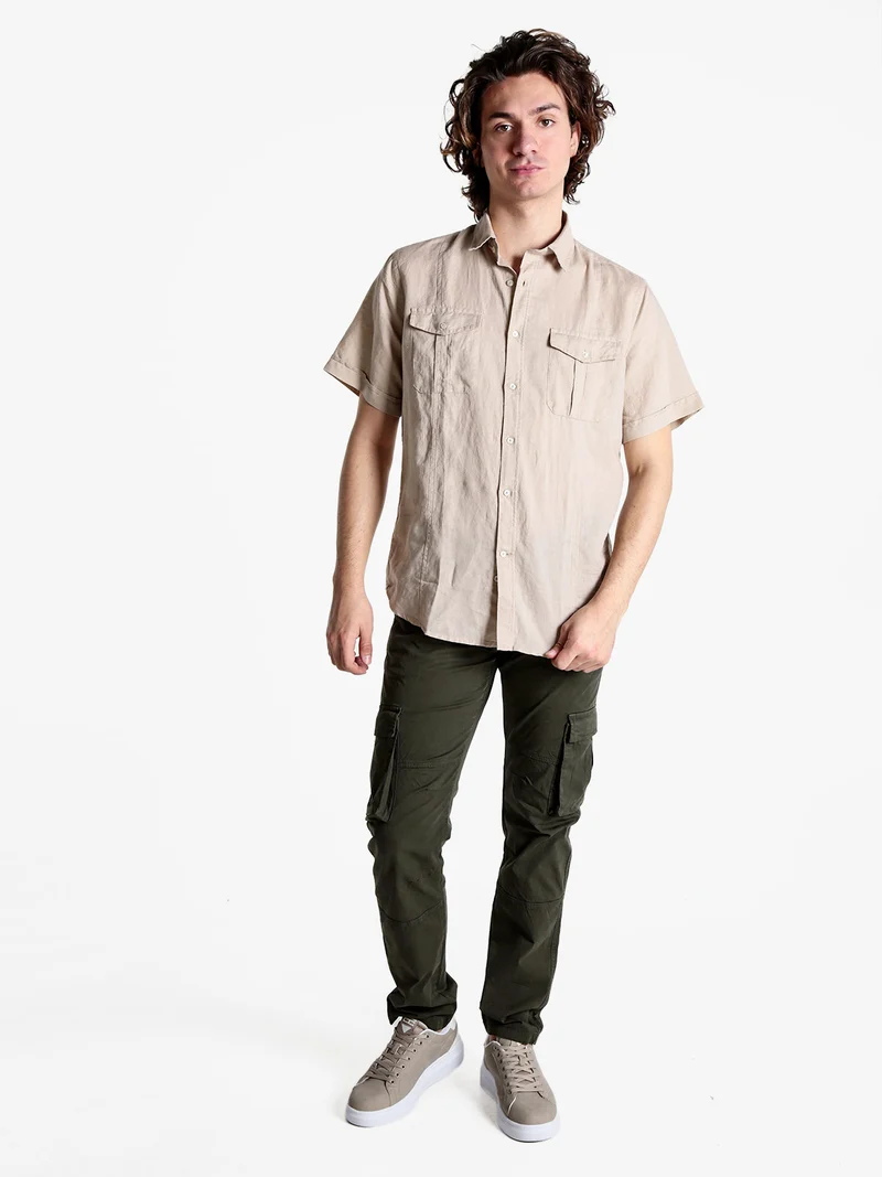Camicia da uomo misto lino a maniche corte - taupe