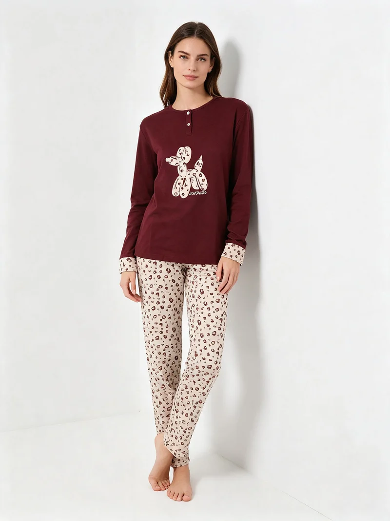 Pigiama lungo da donna in cotone con stampa animalier - bordeaux