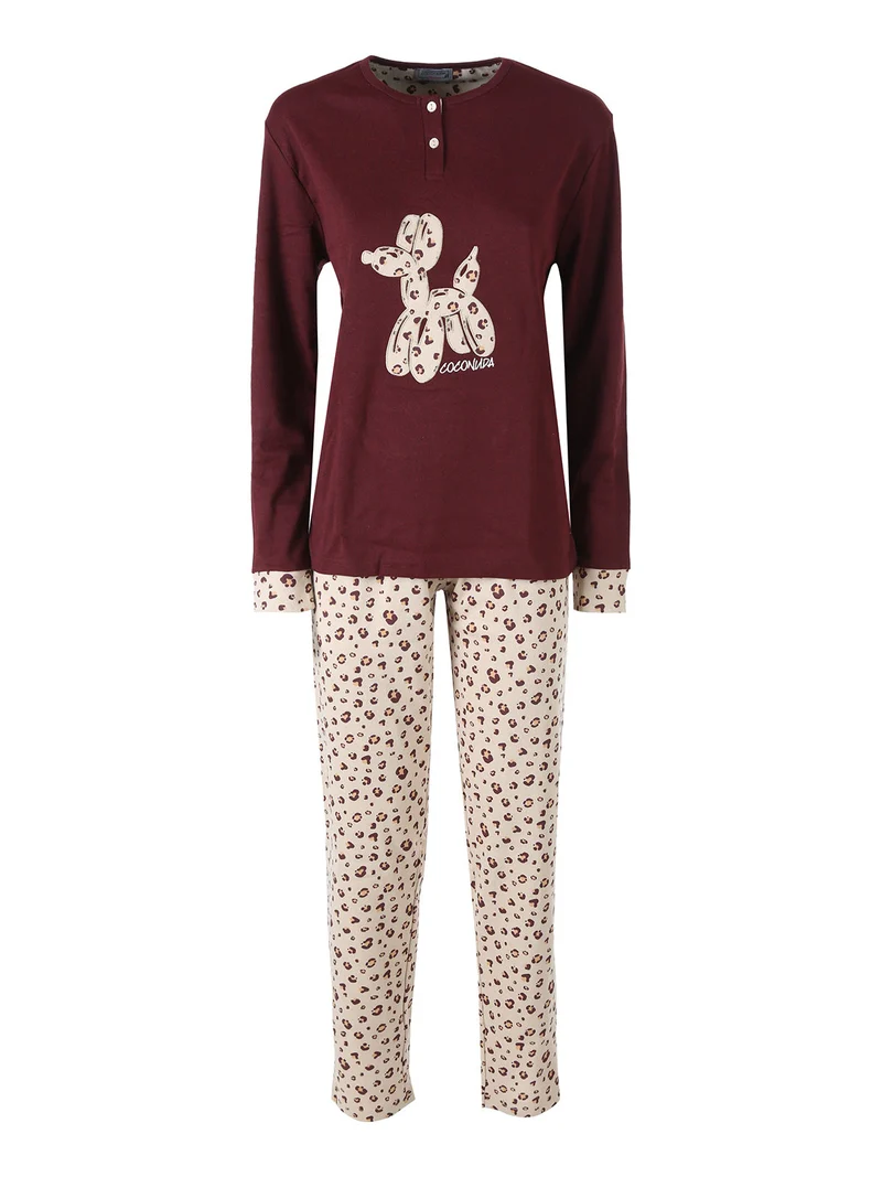 Pigiama lungo da donna in cotone con stampa animalier - bordeaux
