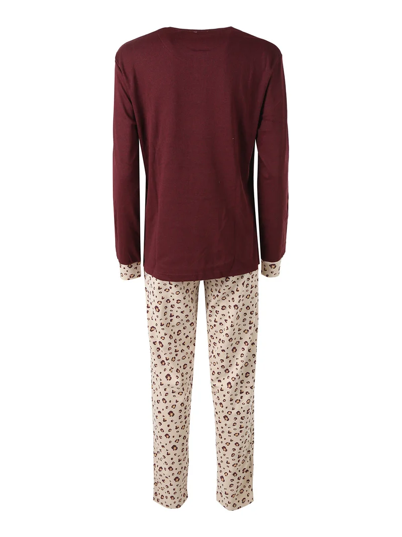 Pigiama lungo da donna in cotone con stampa animalier - bordeaux