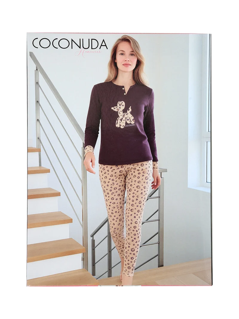 Pigiama lungo da donna in cotone con stampa animalier - bordeaux