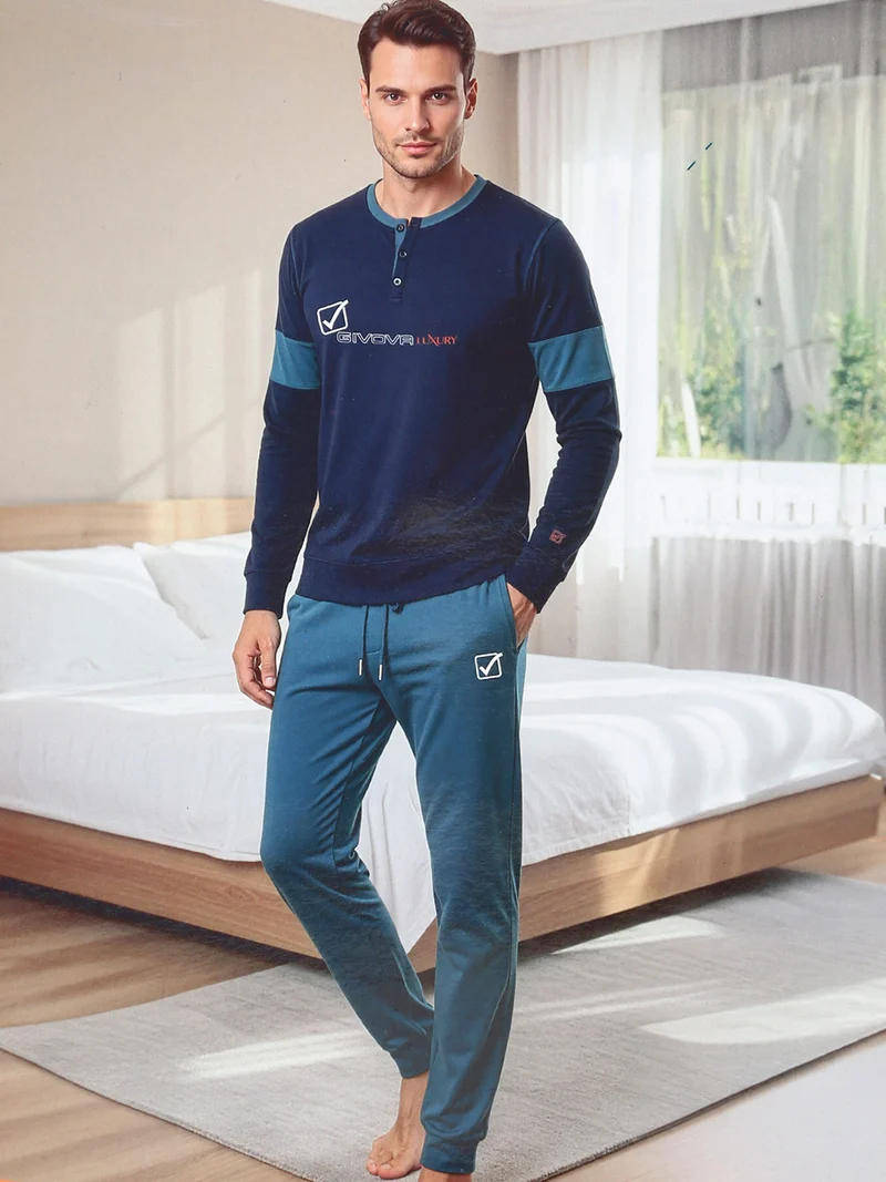 Pigiama lungo da uomo in caldo cotone - blu scuro
