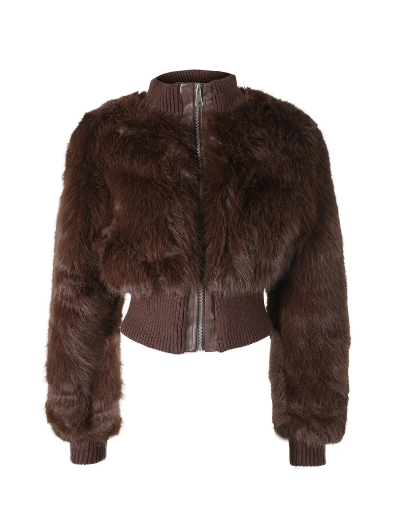 Giacca corta da donna in ecopelliccia con zip - moro