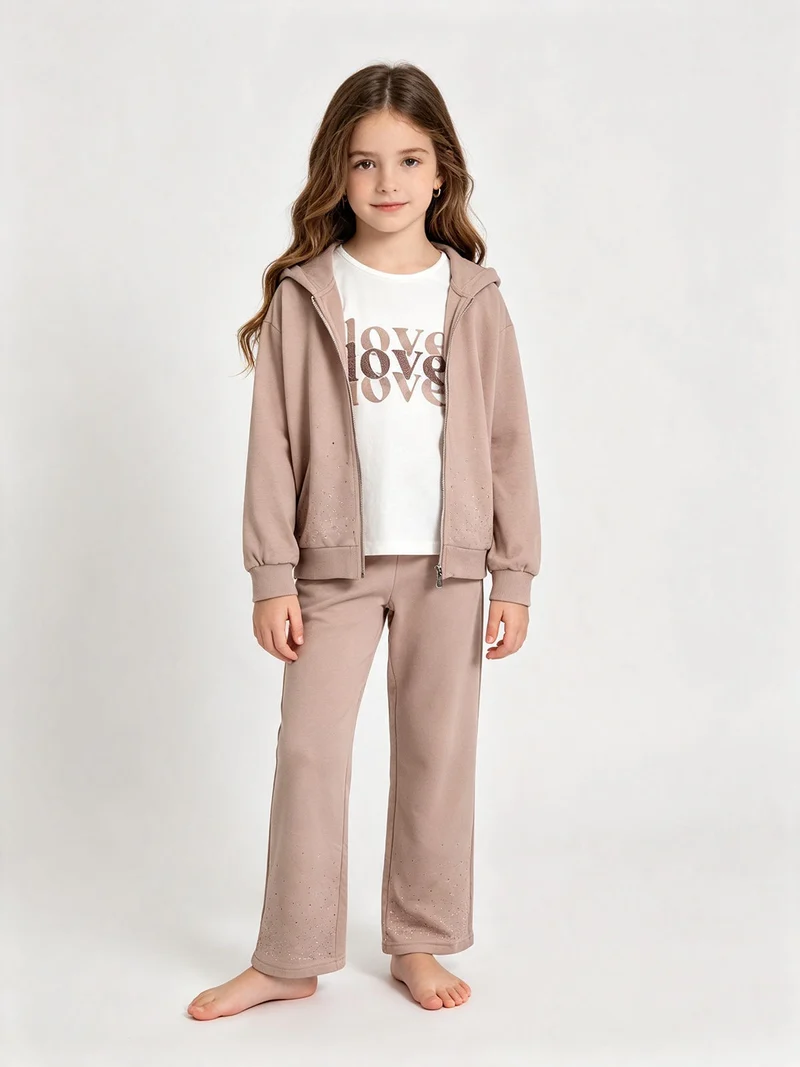 Completo 3 pezzi da bambina con strass - khaki