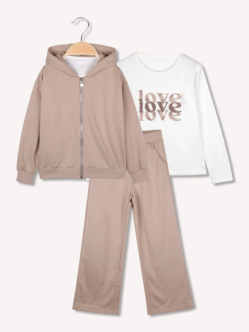 Completo 3 pezzi da bambina con strass - khaki