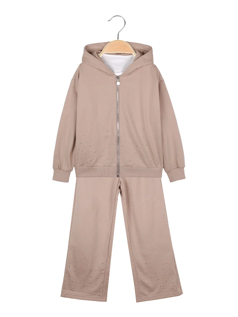 Completo 3 pezzi da bambina con strass - khaki