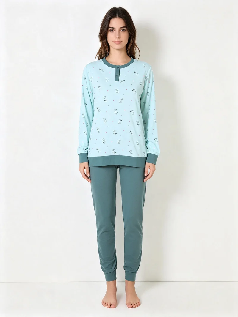 Pigiama lungo da donna in cotone interlock con stampa disegni - acqua marina
